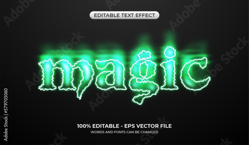 Editable magic spell light text effect. Mystic aura text effect with glowing green light