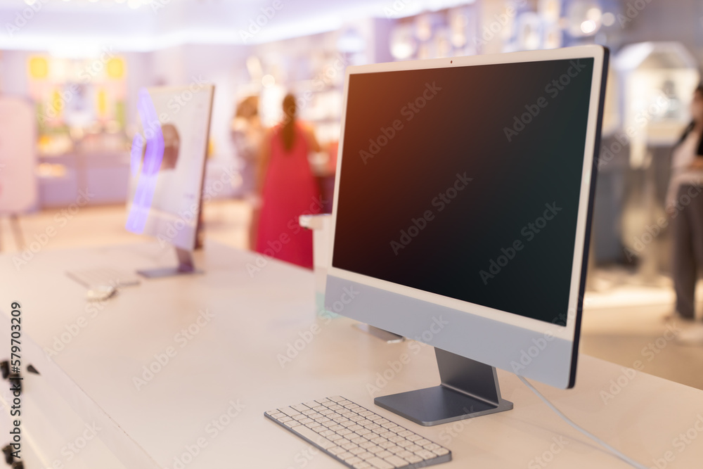 Computer desktop on counter bar for internet service or customer information blank screen for advertising Computer desktop on counter bar for internet service or customer information blank screen for advertising