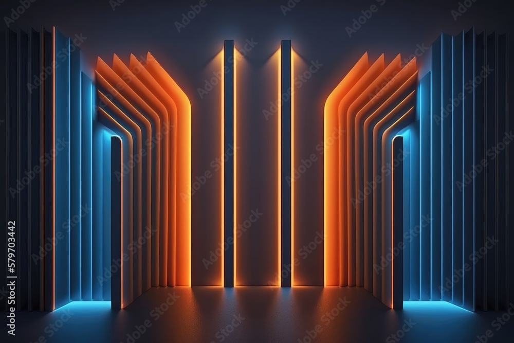 Fototapeta premium abstract minimal neon background with glowing lines. Dark wall illuminated with led lamps. Blue-orange generative ai wallpaper