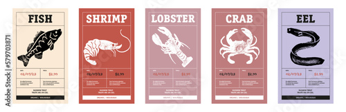 Modern typography banner, hand drawn fish, shrimp, eel, crab, lobster. Meat abstract vector packaging labels design set. Color paper background layouts collection Isolated.	
