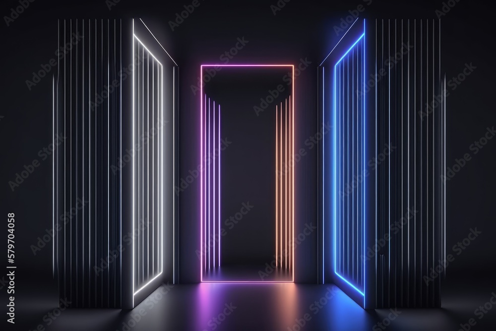 abstract vertical neon lines glowing in the dark. Laser rays virtual performance on the stage. Minimal geometric design generative ai illustration abstract vertical neon lines glowing in the dark. Laser rays virtual performance on the stage. Minimal geometric design generative ai illustration