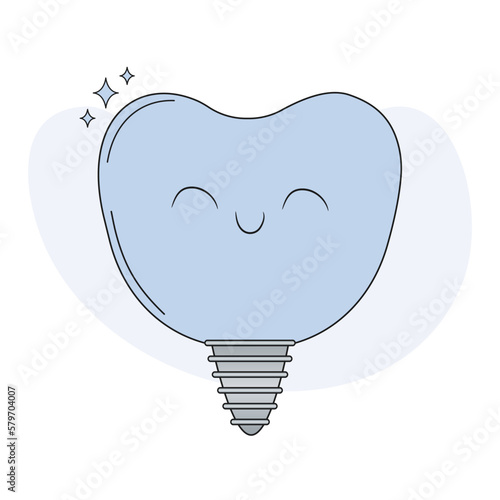 Happy healthy tooth implant. Tooth implant screw in gum. Concept of dentistry. Flat cartoon vector illustration