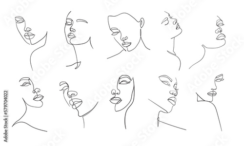 Set of portraits. Simple, minimalist vector illustration of beautiful woman face. Line drawing.
