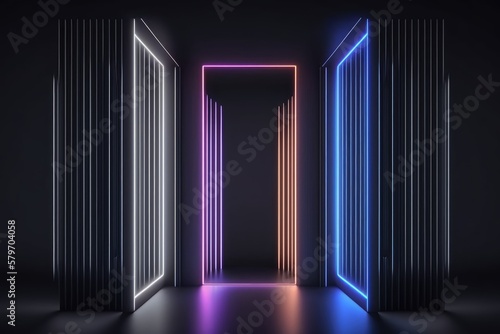 abstract vertical neon lines glowing in the dark. Laser rays virtual performance on the stage. Minimal geometric design generative ai illustration 
