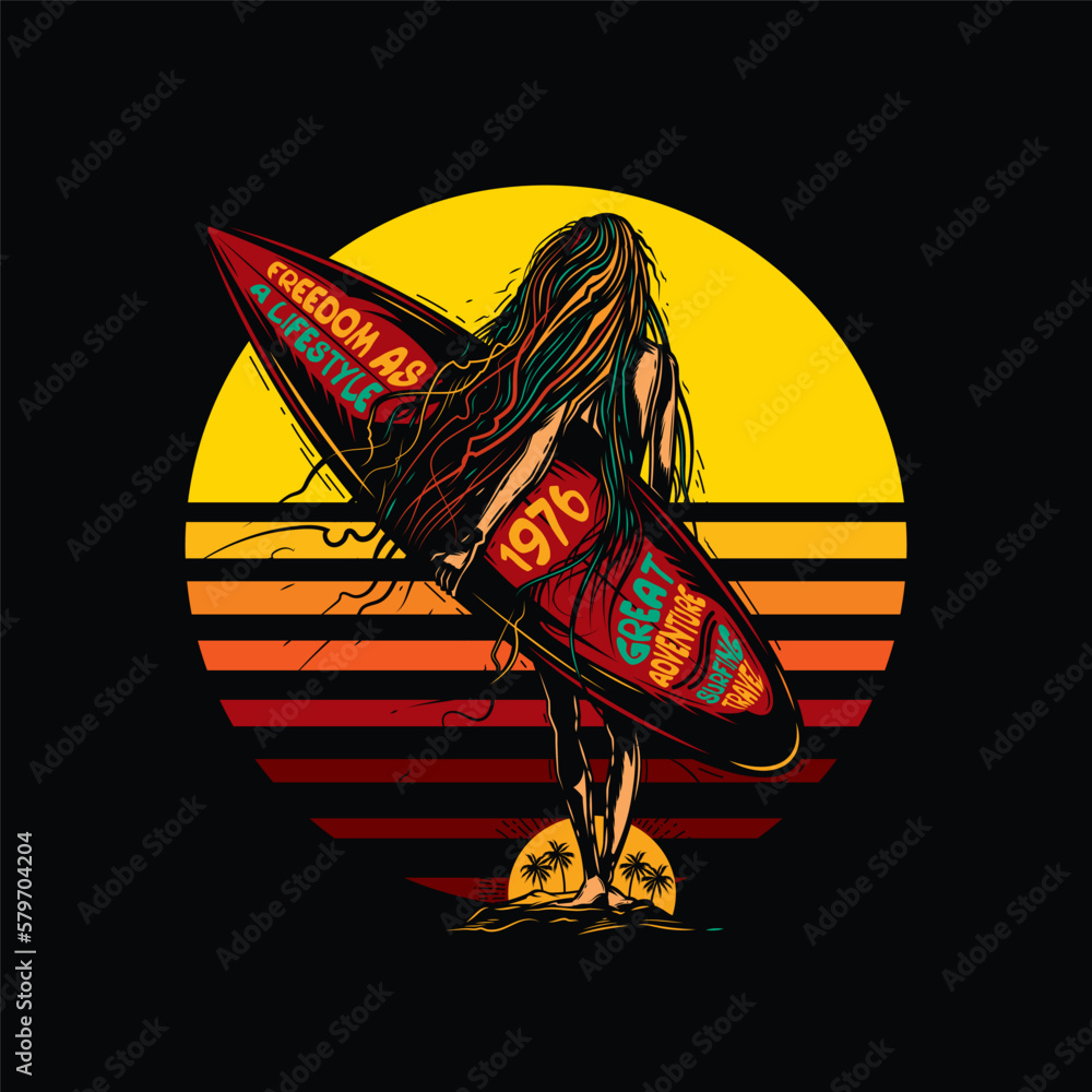 Original vector illustration in vintage style. A girl with a surfboard ...