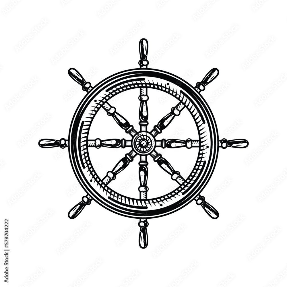 The helm of the ship. Original vector illustration in vintage style. T-shirt design, design element. The helm of the ship. Original vector illustration in vintage style. T-shirt design, design element.