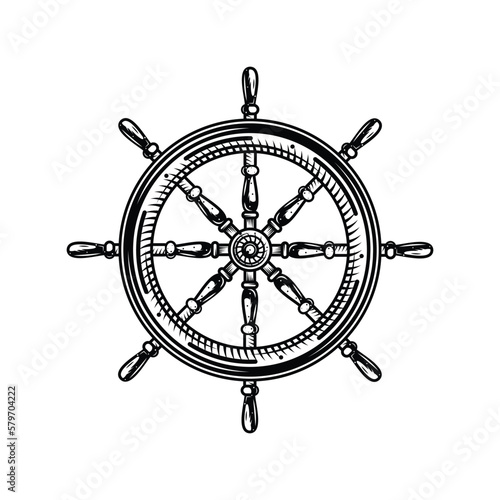 The helm of the ship. Original vector illustration in vintage style. T-shirt design, design element.
