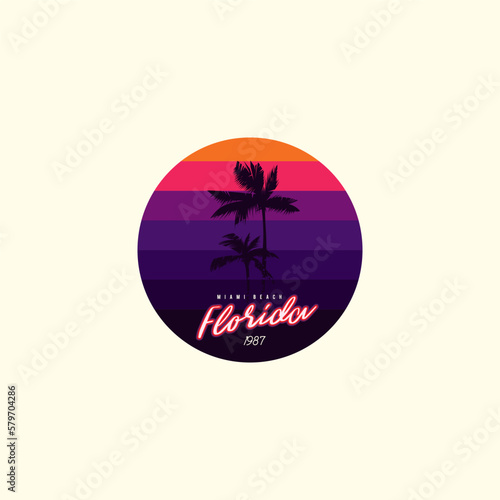 Vintage round sunset in the style of the 80s. Vector background. A design element.
