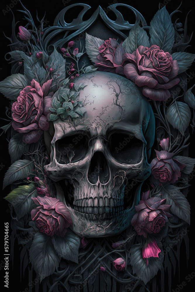 Gothic Skull with Black Roses Dark and Moody Artwork Skull PNG  |  AI Generated