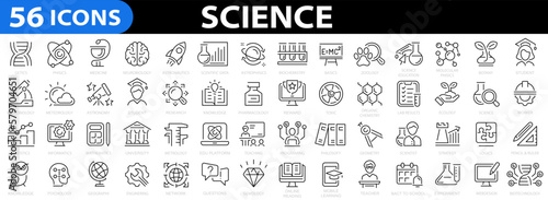Science 56 icon set. Science, scientific activity elements, laboratory, experiment, research, physics.Outline icons collection. Science education symbol. Vector illustration
