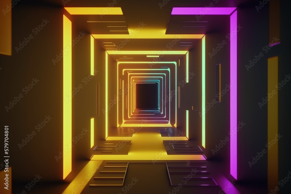 Fototapeta premium Abstract neon tunnel with rotating square frames. Abstract cycled background generative ai glowing in the dark, red blue gradient