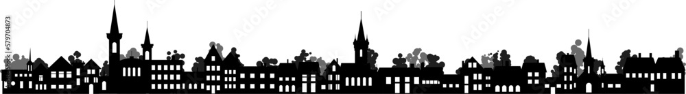 Old village rural stylized silhouette. Suburb with small house, church, tree and garden in residental district countryside neighborhood