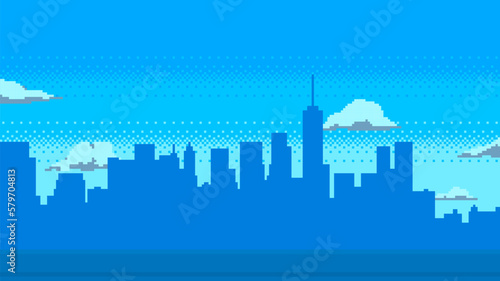 Pixel art game background with city silhouette and clouds. Vector illustration.