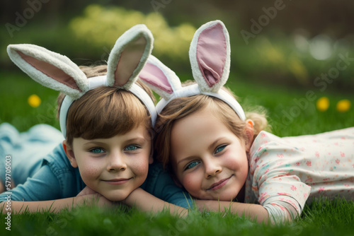 Happy smiling boy and girl little children wearing spring easter bunny ears. Generative ai