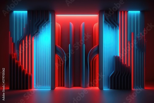 Abstract neon geometric walls with lights generative ai glowing in the dark red and blue gradient © Ecleposs