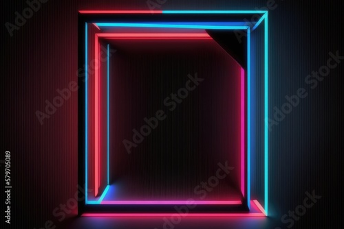 Abstract neon geometric walls with lights generative ai glowing in the dark red and blue gradient