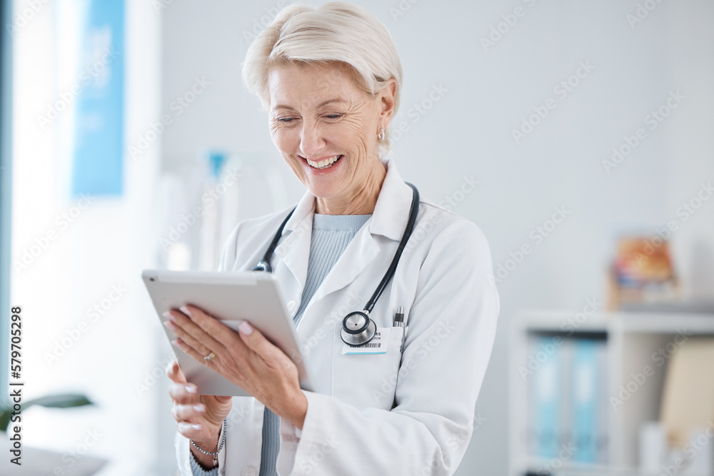 Healthcare, tablet and senior doctor smile in hospital for online consulting, telehealth and wellness app. Clinic, insurance and woman on digital tech for internet, medical research or patient data Healthcare, tablet and senior doctor smile in hospital for online consulting, telehealth and wellness app. Clinic, insurance and woman on digital tech for internet, medical research or patient data