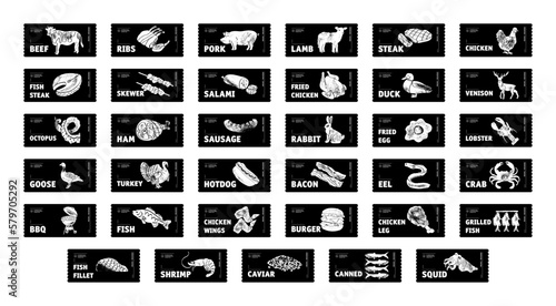 Meat, poultry, fish and eggs stickers and labels. Black and white color packaging for food preparing and culinary. Chicken, fish, beef, pork, poultry, pig product for selling vector set.