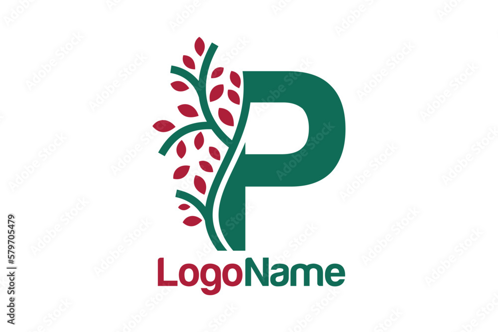 Obraz premium Letter P alphabet and growing leaves concept. Very suitable for symbol, logo, company name, brand name, personal name, icon, identity, business, marketing and many more.