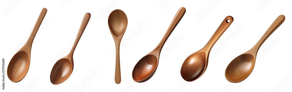 six different wooden spoons for the kitchen on a transparent background, Generative AI six different wooden spoons for the kitchen on a transparent background, Generative AI
