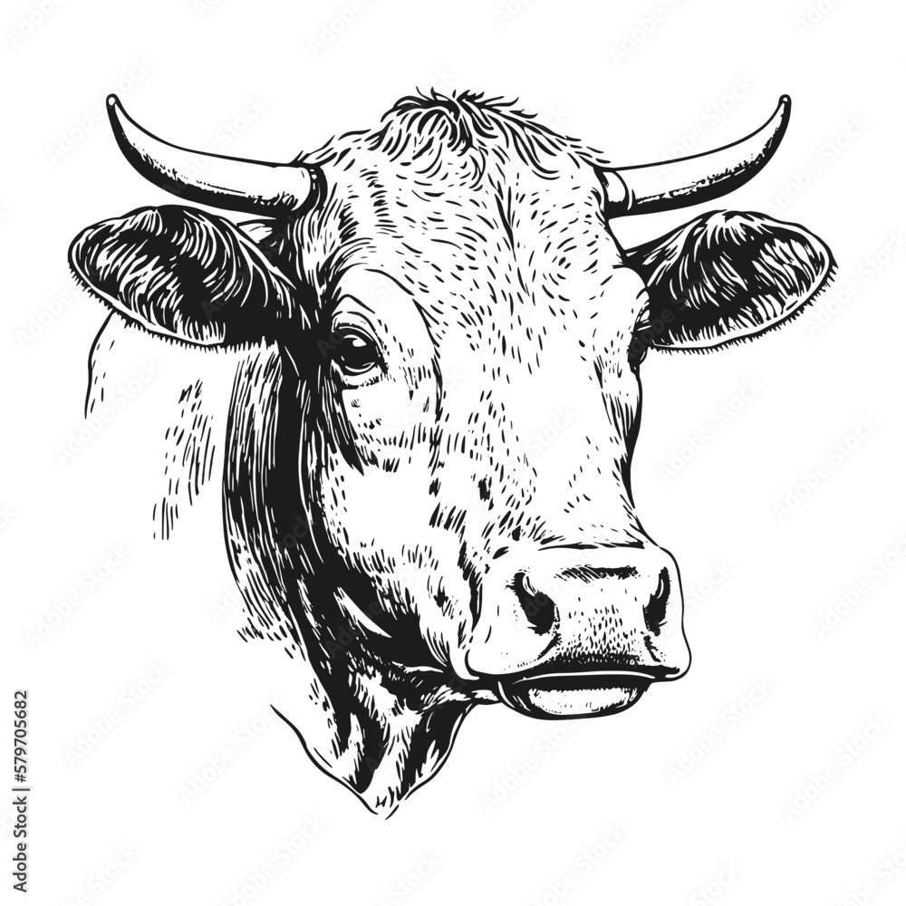 Cows head hand drawn sketch style. Vintage vector engraving