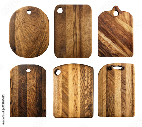 six different wooden cutting boards for the kitchen on a transparent background, Generative AI photo