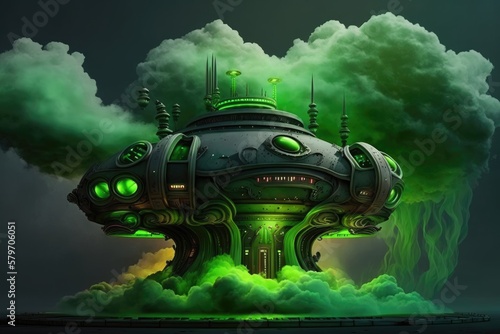green futuristic empty podium stage with Smoke and neon light generative ai sci-fi alien stand platform 