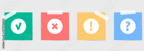 Set of different colored sheets of note papers with check, cross, exclamation and question mark. Vector illustration