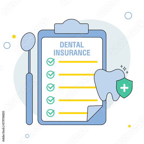 Dental insurance, dental care concept. Clipboard with medical document. Vector flat illustration
