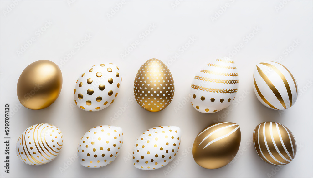 Top view Easter eggs painted with gold paint in various patterns. Various striped and dotted designs. White background. Space for copy Top view Easter eggs painted with gold paint in various patterns. Various striped and dotted designs. White background. Space for copy