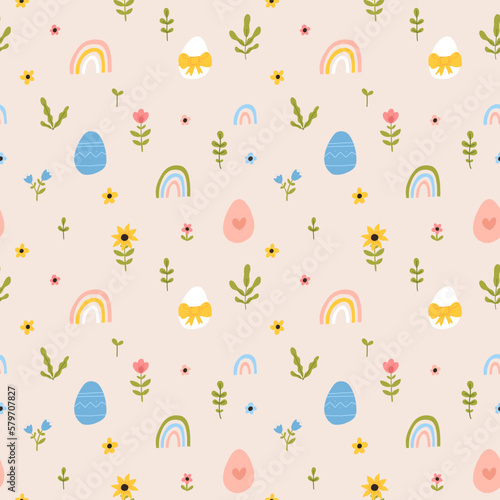 Vector color hand-drawn children cute easter seamless pattern with hens, bunny, easter eggs, flowers in scandinavian style. Easter colorful set. Doodle cartoon spring background. Happy easter.