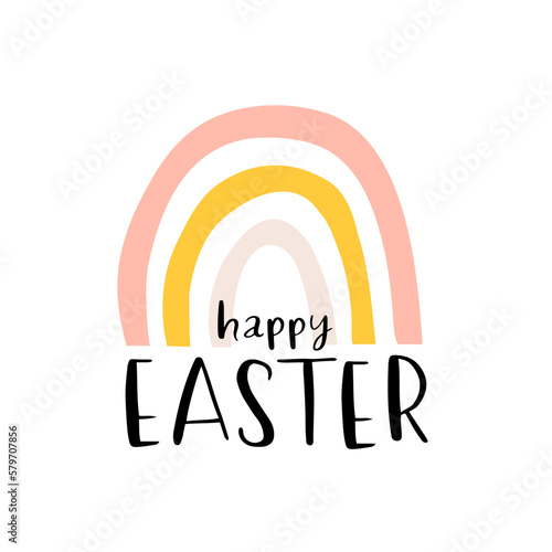 Vector color hand-drawn children cute easter poster with bunny, wreath of flowers in scandinavian style on a white background. Easter set. Spring. Happy easter.