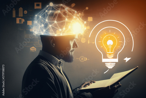 E-ラーニングの卒業証明書プログラムのコンセプト。電球を持っている男性は、卒業式の帽子、インターネット教育コースの学位、創造的思考のアイデアと問題解決のための知識を勉強することを示します。AI photo