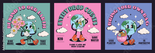 Collage vintage motivation poster or card design template with walking happy cute Earth planet character mascot with slogan of save Earth caption for t shirt print. Set in modern cartoon style