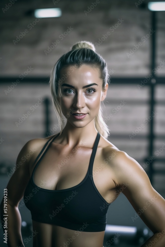 Young Woman at the Gym with black top. Beautiful, fit. Generative AI