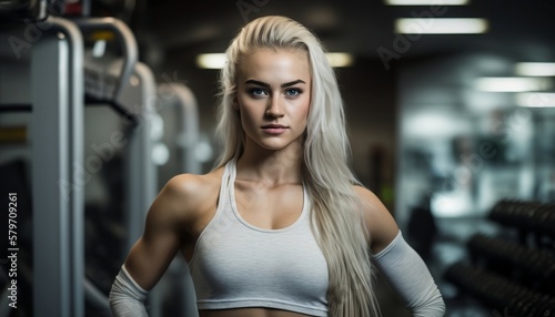 Young Woman at the Gym with white top. Beautiful, fit. Generative AI