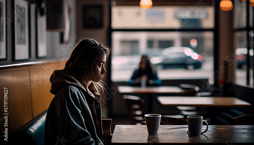 An image of a person sitting alone in a cafe with a cup of coffee generated by AI photo