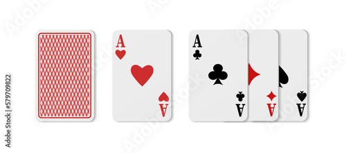  3s realistic vector icon. Playing cards of aces of diamonds clubs spades and hearts on white background.