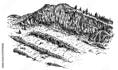Mountain stone landscape with trees in hand drawn sketch style. Vintage monochrome nature composition isolated on white background. Vector grayscale retro illustration.