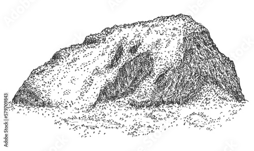 Mountain stone landscape with tree forest in hand drawn sketch style. Vintage monochrome nature composition isolated on white background. Vector grayscale retro illustration.