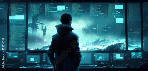 Obraz na płótnie Tactical command center, command control, mission control room. Sci fi anime style. Generative AI.