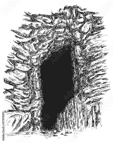Cave in mountain or stone in hand drawn sketch style. Vintage monochrome nature composition isolated on white background. Vector grayscale retro illustration.