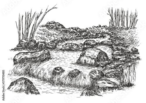 River with waterfall in forest in hand drawn sketch style. Vintage monochrome nature composition isolated on white background. Vector grayscale retro illustration.
