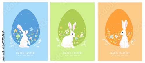 Happy Easter greeting posters set with cute white bunny, flowers in egg shape. Pastel spring season colors. Flat modern style vector illustration. Template for flyers, cards, banners, covers, decor.