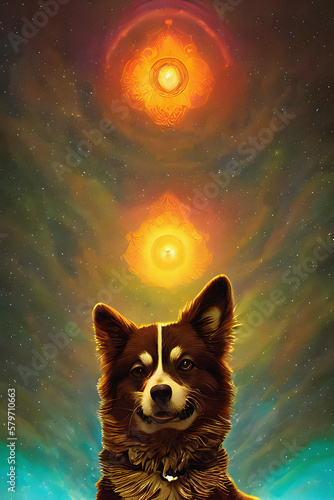 Abstract colorful asymetrical corgi dog. Created with generative AI technology. Fantasy illustration perfect for books, designs, posters. 