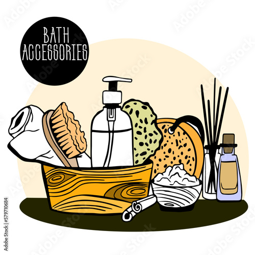 set of bath accessories in wooden bowl - natural washcloth; dry massage brush; liquid soap; bath towel; bath salt; aroma diffuser with bamboo sticks; aroma oils. Thai spa therapy. spa composition
