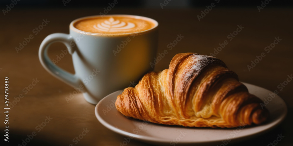 Tasse de café avec croissant dans une petite assiette posé sur une table en bois, scène de petit déjeuné Tasse de café avec croissant dans une petite assiette posé sur une table en bois, scène de petit déjeuné