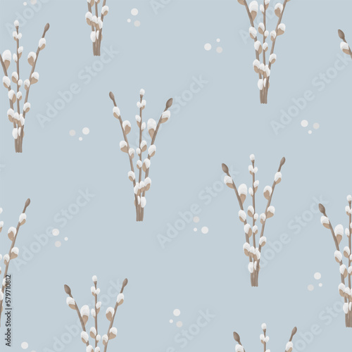 Easter pussy willow wreath seamless pattern. Spring branches vignette holiday texture. Happy Easter background.