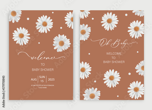 Baby shower invitation with calligraphy and watercolor chamomile.