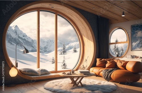Illustration of the interior of a cozy mountain house with round wooden windows. Created using Generative AI technology.